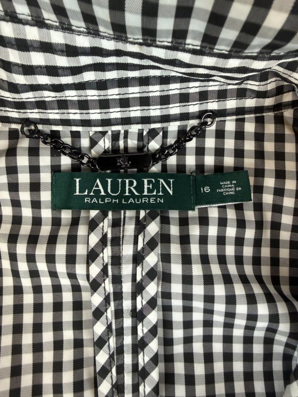 Lauren Ralph Lauren Gingham Twill Trench Coat Size 16 Black & White - Picture 4 of 8